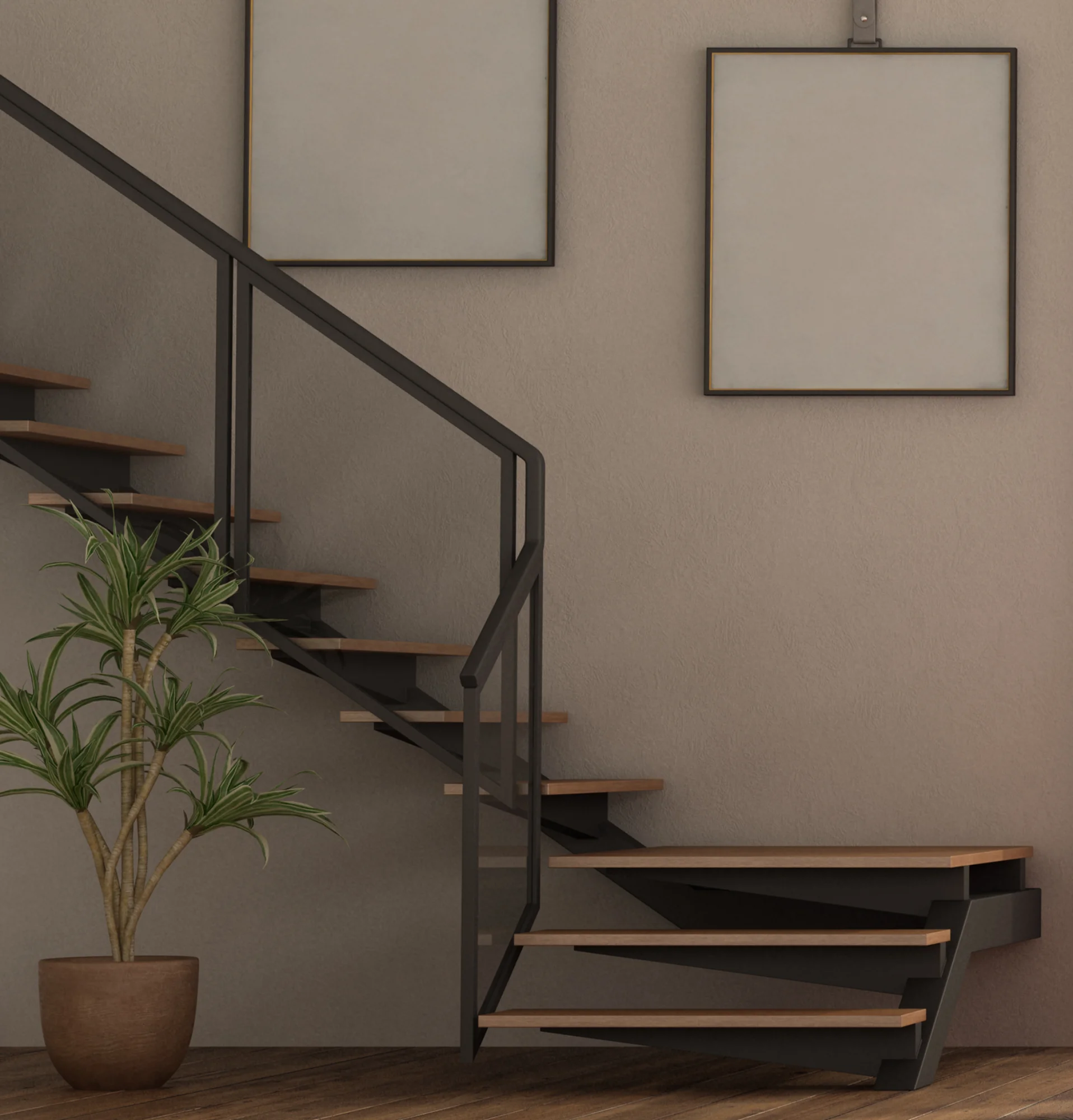 An elegant L-shaped metal staircase with black metal frame, wooden steps, and minimalist glass balustrades